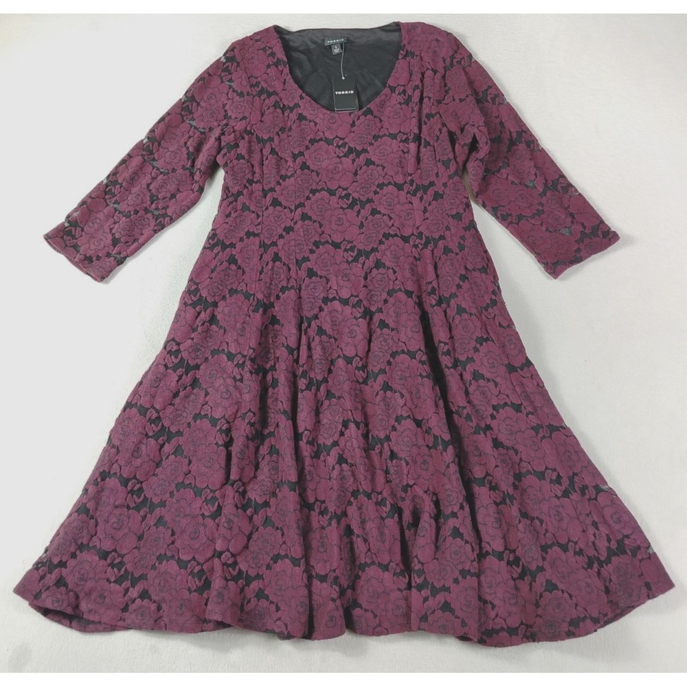 Torrid Dress Womens 1X Red Floral Lace A Line Whimsigoth Burnout Velvet Gothic